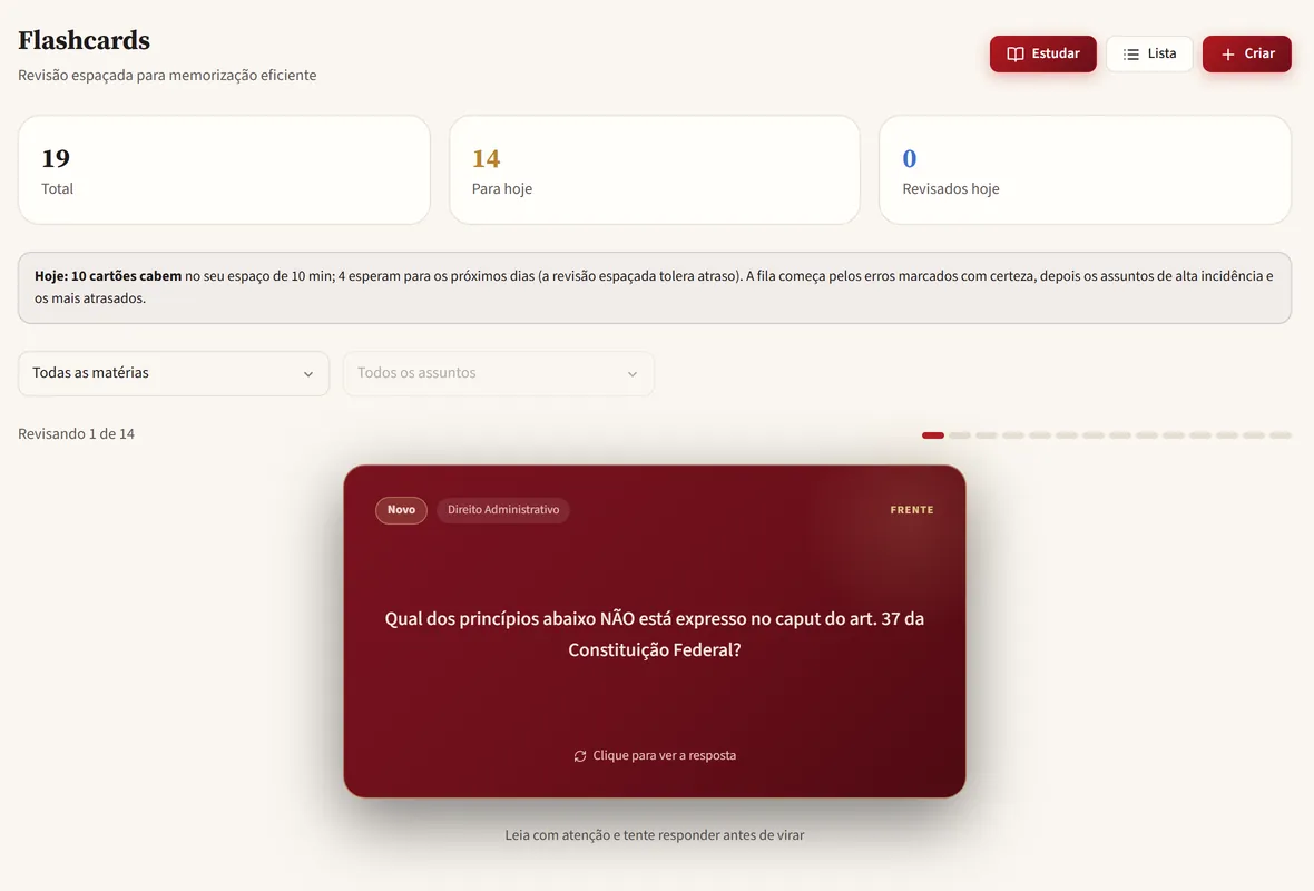 Tela de Flashcards com os cartões para hoje e um cartão de Direito Administrativo pronto para revisar