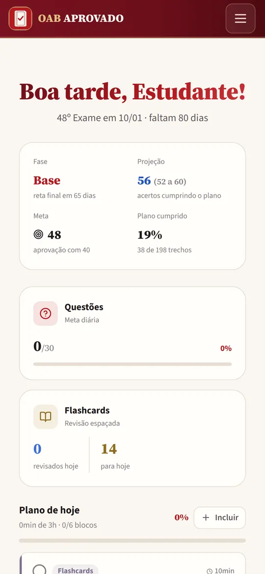 Tela Início do OAB Aprovado no celular, com a projeção de acertos, a meta e o plano de hoje