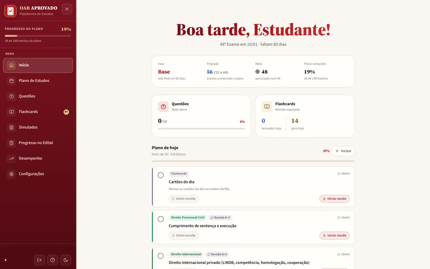 Tela Início do OAB Aprovado no computador, com o plano de hoje pronto: fase, projeção de 56 acertos, meta, flashcards do dia e os blocos de estudo com o tempo de cada um